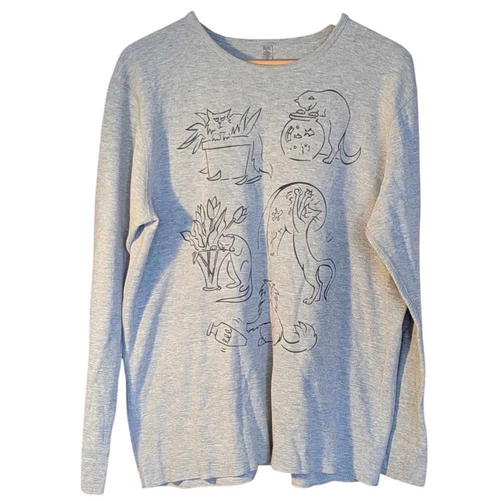 Marushka Light Gray Bad Kitty Waffle Knit Shirt XXL Fun Novelty Cat Casual